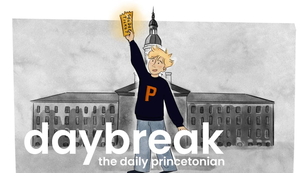 Illustration of Student with blond hair wearing a sweatshirt with an orange P in front of an old building, holding a golden ticket in the air. In the foreground, a logo says "Daybreak: the daily princetonian"