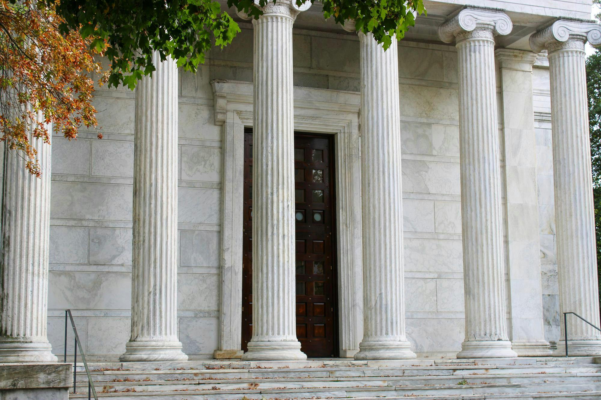 A white building with columns.