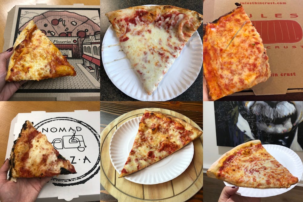 <h5>Cheese pizza slices from six Princeton locations.</h5>
<h5>TOP left to right: Conte’s Pizza, D’Angelo Italian Market, Jules Thin Crust Pizza</h5>
<h5>BOTTOM left to right: Nomad Pizza, Pizza Den, Proof</h5>
<h6>Maria Khartchenko / The Daily Princetonian</h6>
