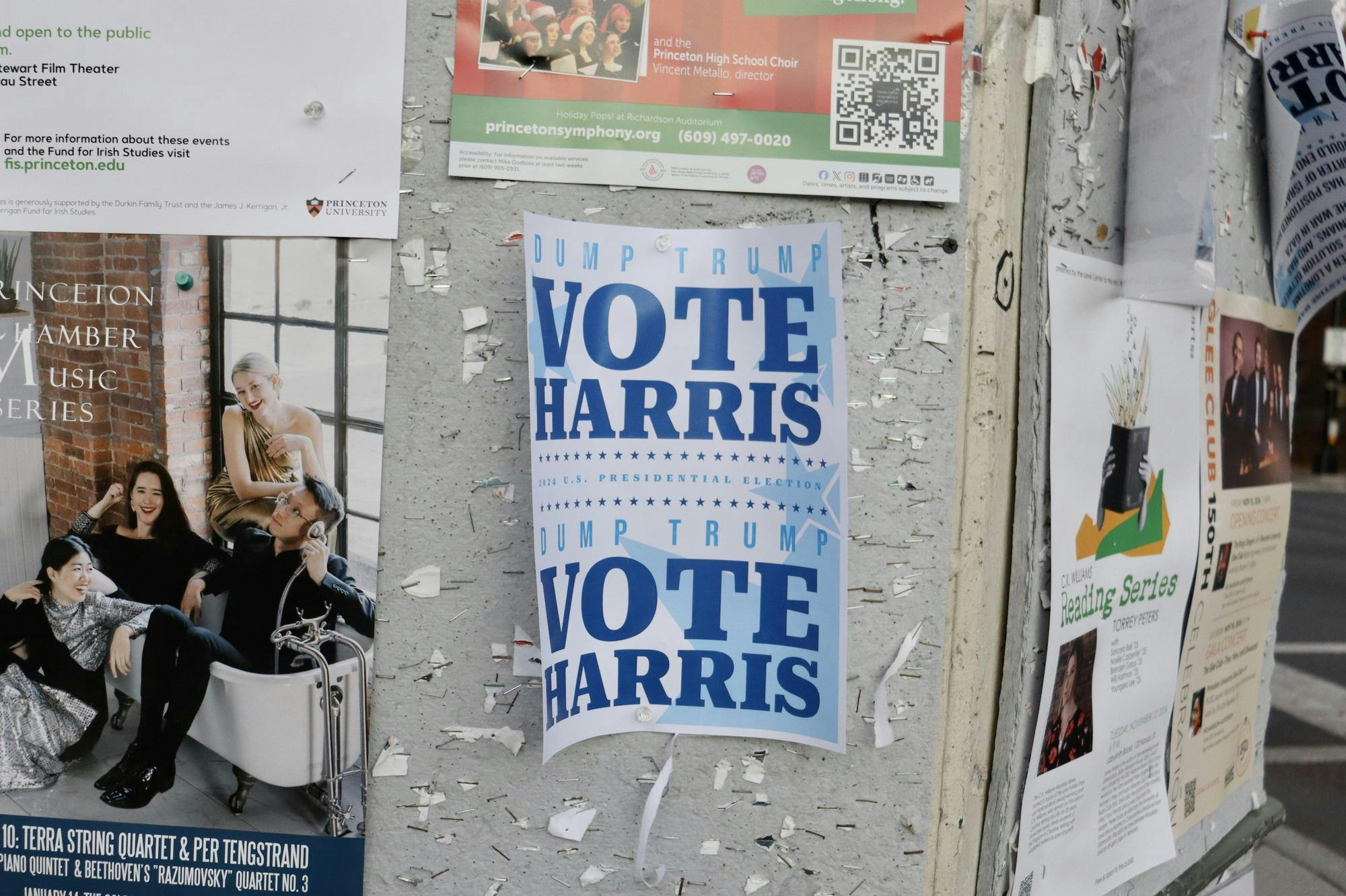 A blue poster that reads "dump Trump" and "vote Harris."