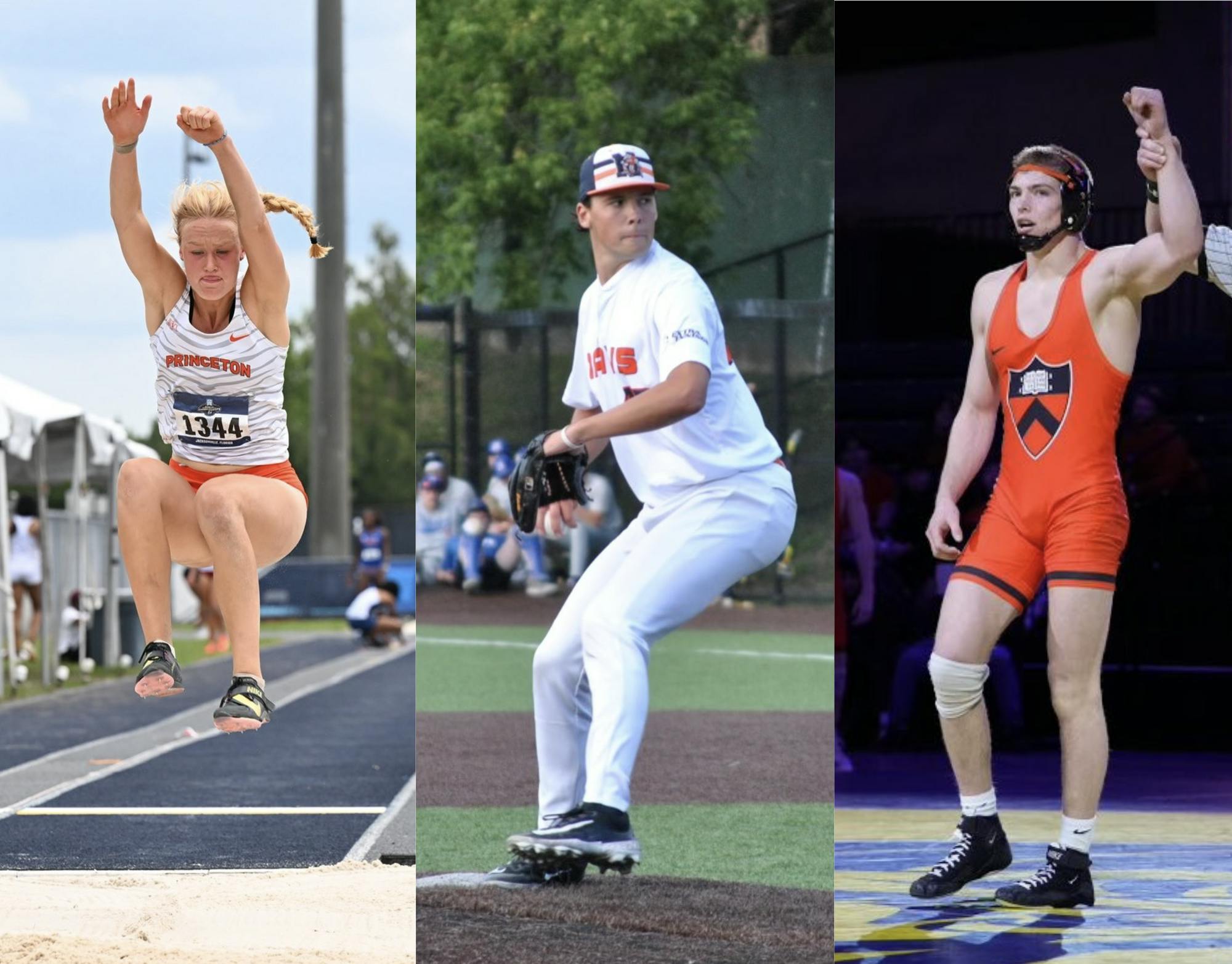 A woman in a white jersey jumping, a man in a white uniform throwing a pitch, and a man in an orange jersey throwing his arm in the air.