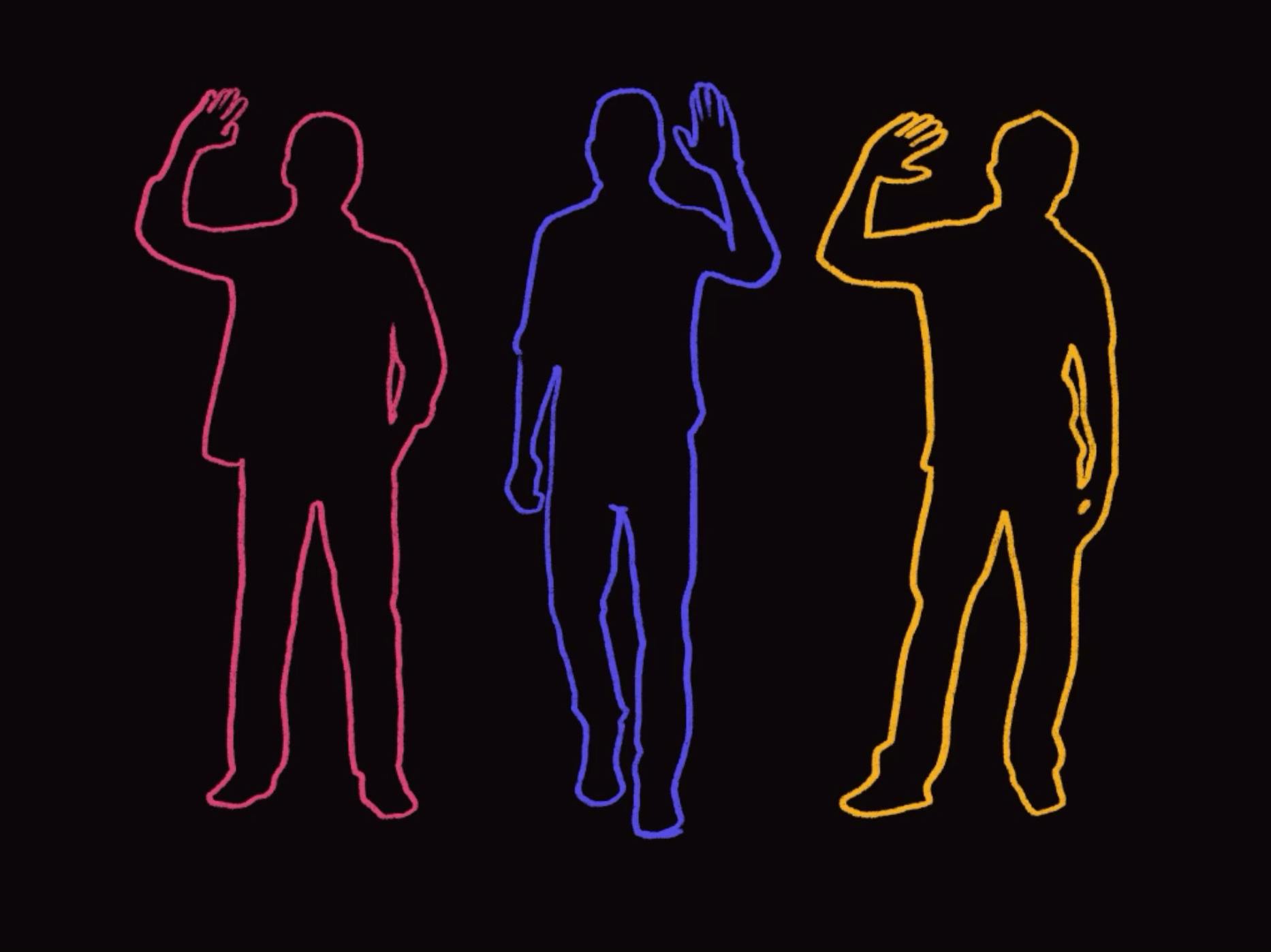 Three outlines of people, from left to right in pink, purple, and orange