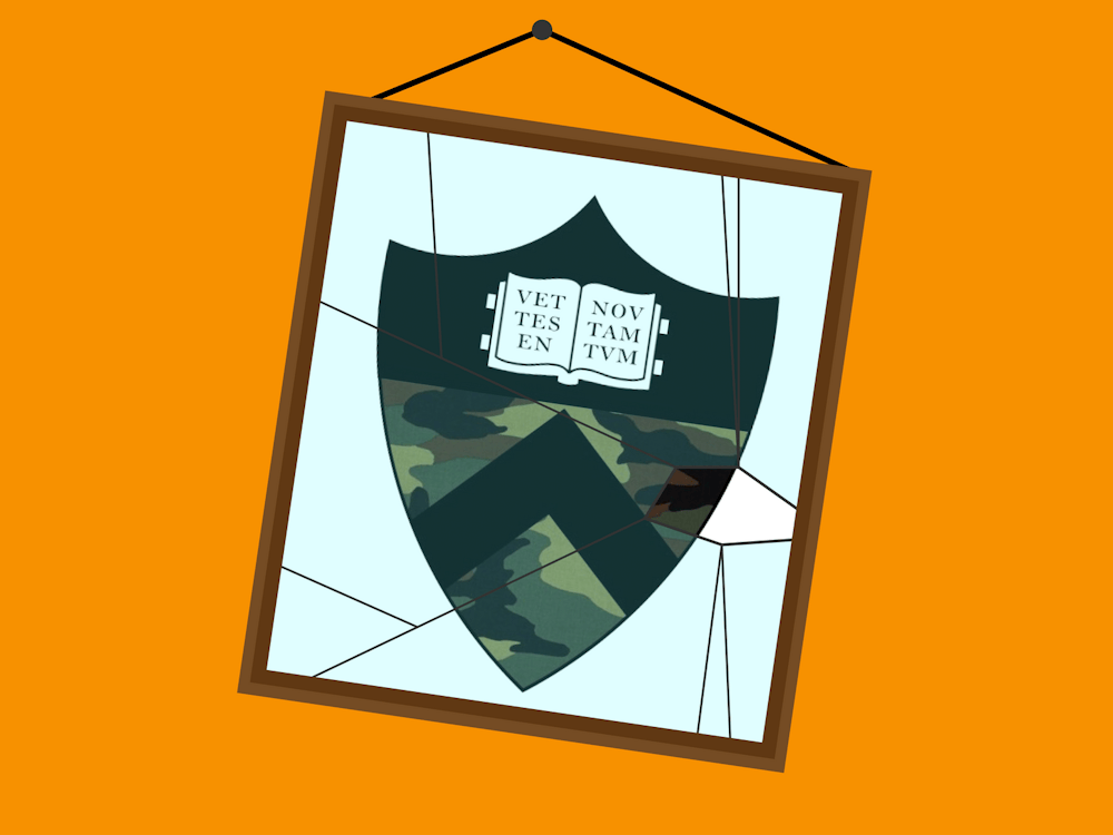 The Princeton logo with camo in a cracked picture frame.