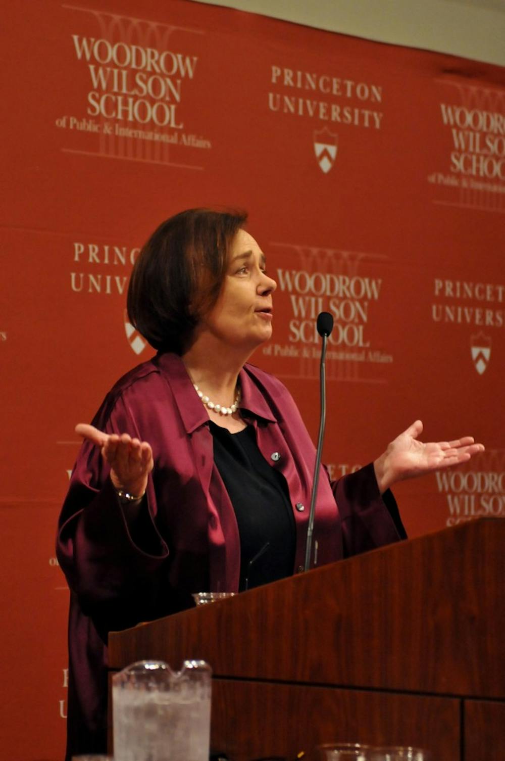 Gail Collins in a lecture at the Wilson School