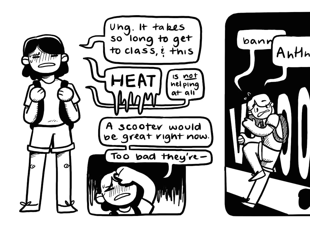 Black and white cartoon with two panels
Panel 1: Woman with black hair and backpack with the following quotes: "Uhg it takes so long to get to class and this." "HEAT" "is not helping at all" "A scooter would be great right now" "too bad they're . . . "
Panel 2: Black background.  Boy in son glasses comes past in scooter. "VROOM" in background. Girl is knocked to the side. Says "Bann -" "Ahhh"