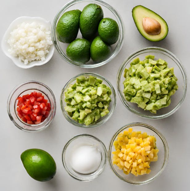 Various ingredients for guacamole in different bowls.