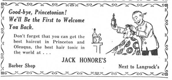 An old black and white advertisement for a barbershop. It says "Good-bye, Princetonianian! We'll be the first to welcome you back!" on the left and has a sketch of a barber doing a man's hair is on the right.