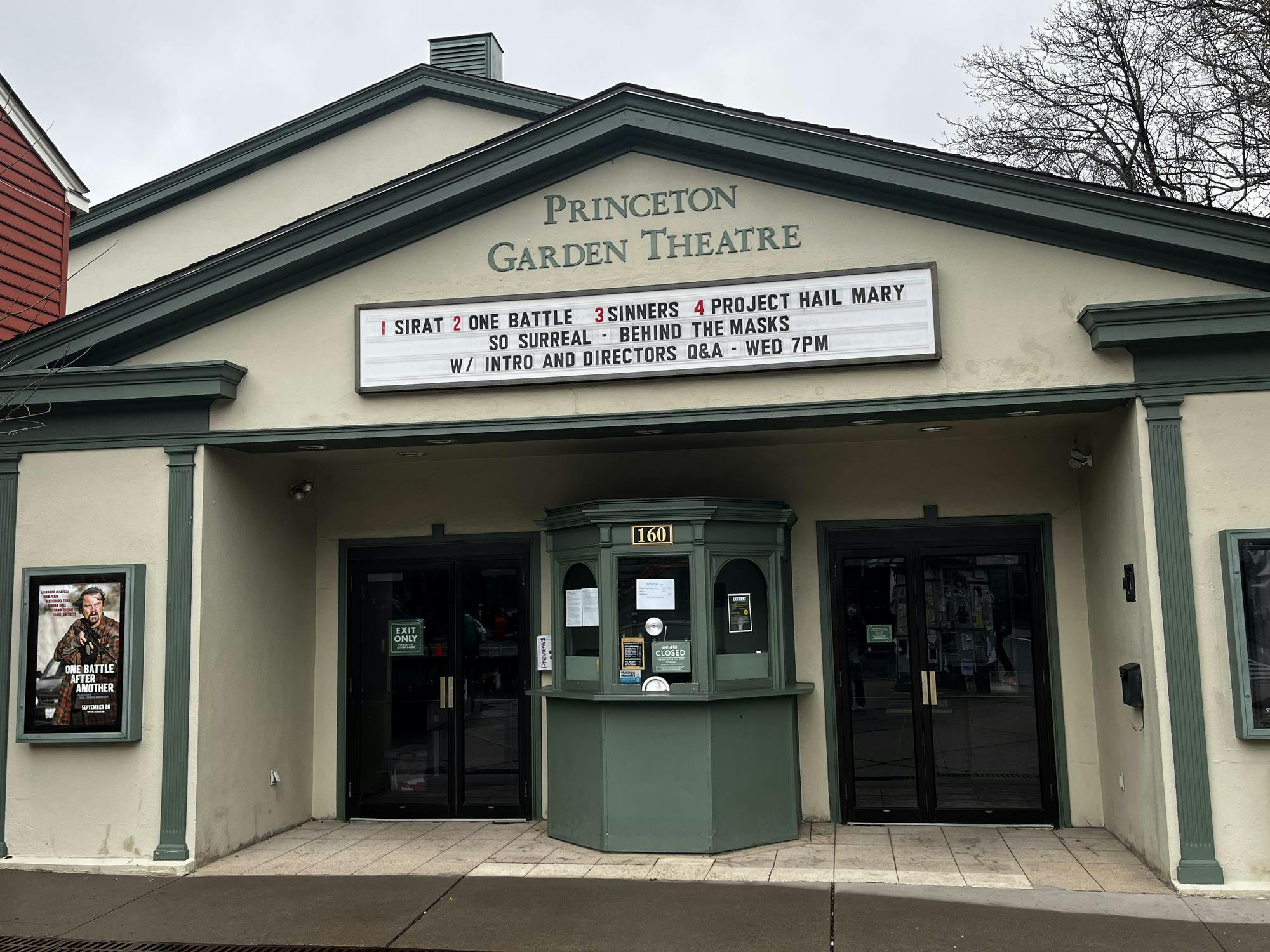 The facade of Princeton Garden Theater sits against a gray sky. 