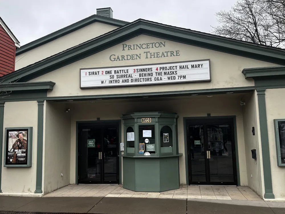 The facade of Princeton Garden Theater sits against a gray sky.