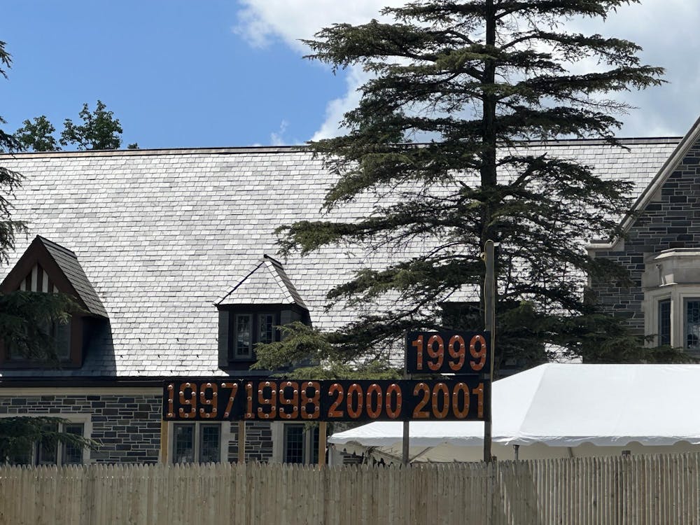 In front of large stone building is a fence. Above the brown fence rests a board of five numbers, the top reads "1999." Below the "1999," lies (left to right) "1997" "1998" "2000" "2001." 