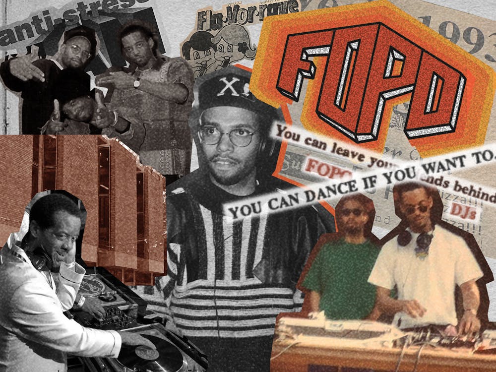 A collage of newspaper clippings and photos of the FOPO DJs. In one pasted clipping, the FOPO logo in orange block letters. Clippings read "You can dance if you want to" and "You can leave you friends behind". 