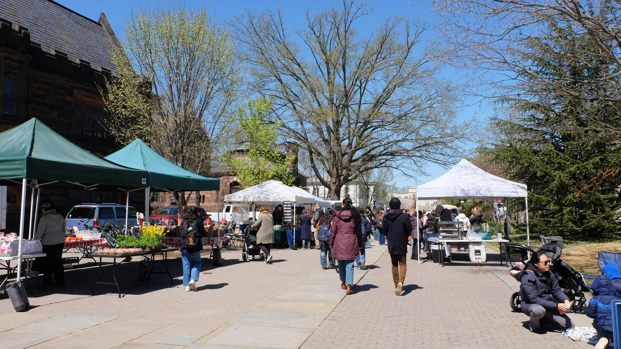 The walkway between East Pyne and Firestone is filled with walking students and food stalls. 