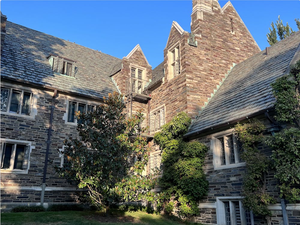 Inner corner of a courtyard of a gothic building.