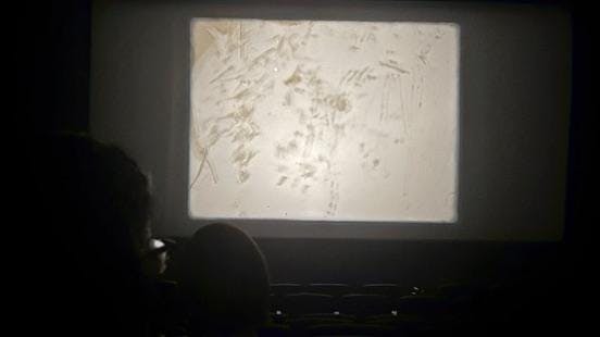 An audience watches an abstract film projected in front of them