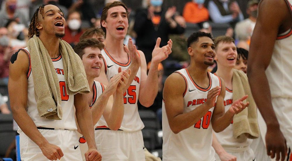 <h5>The bench celebrates during the second half the Tigers’ dominant win against Dartmouth.&nbsp;</h5>
<h6>Photo courtesy of @princetonmbb/Twitter.&nbsp;</h6>