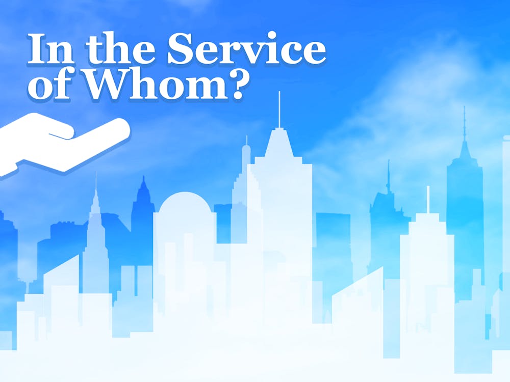 Graphic of overlapping blue and white buildings forming a city skyline. A hand extends from the left-hand side, drawing attention to the white text: "In the service of whom?"