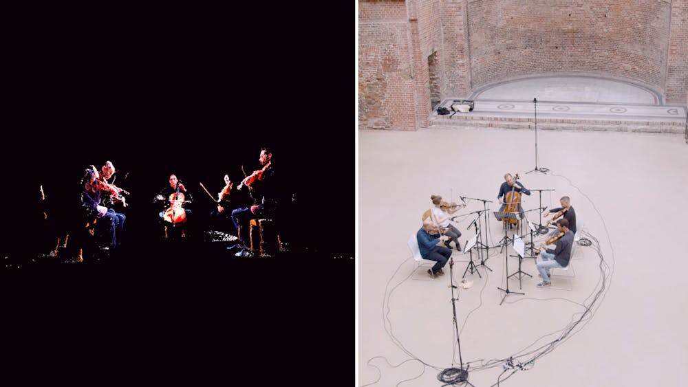 The image is split: on the left there is a strings quintet on a dark stage, illuminated by a spotlight and on the right there is an aerial view of a strings quintet in a brightly lit room.