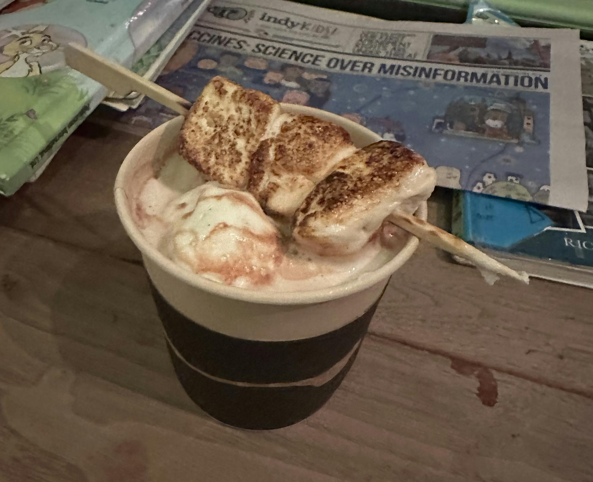 A cup of hot chocolate topped with toasted marshmallows and whipped cream sits on a wooden table.