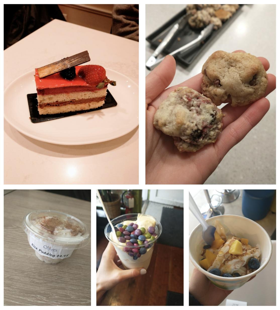Five images of desserts, featuring vanilla cake with red frosting, two balls of cookie dough, a portion of rice pudding, banana whip with M&Ms, and frozen yogurt. 