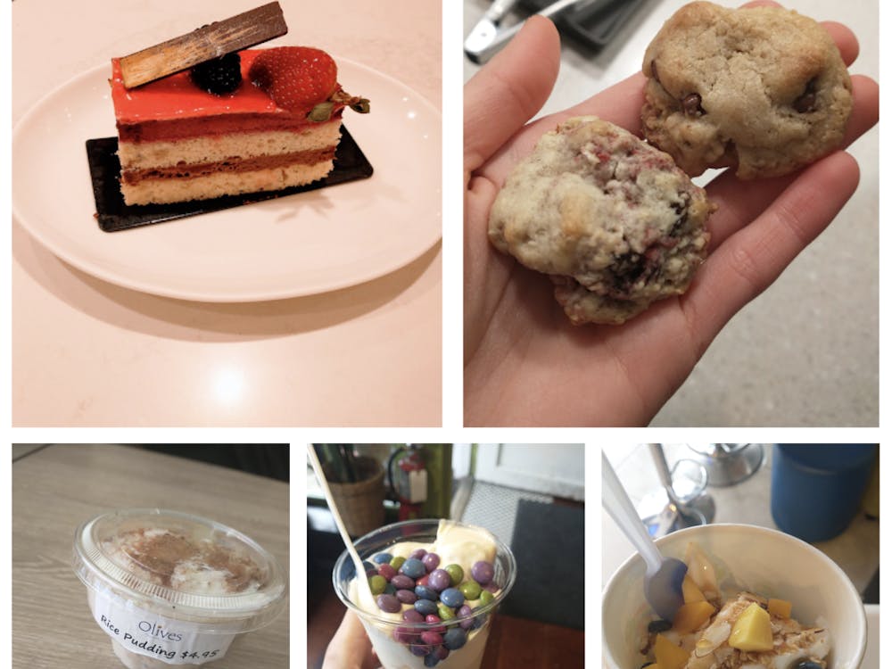 Five images of desserts, featuring vanilla cake with red frosting, two balls of cookie dough, a portion of rice pudding, banana whip with M&Ms, and frozen yogurt. 