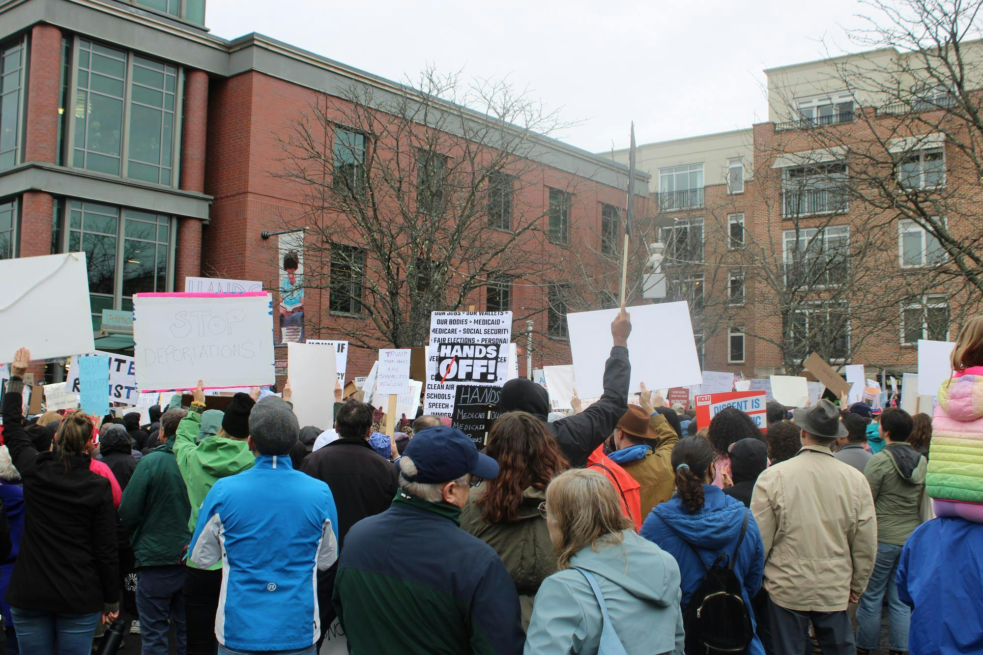 A number of brown and red buildings in the background. A crowd of people are facing away from the camera, holding signs.
