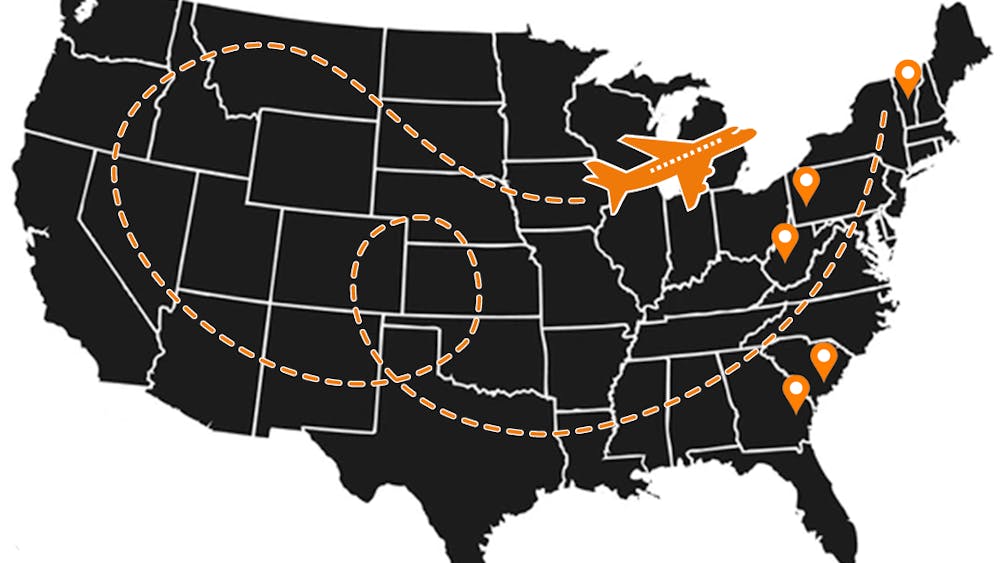 Against a white background, there is a black map of the United States with orange tear-drop shaped location points marking certain rural areas of the East Coast and an orange airplane following a weaving, dotted orange line.