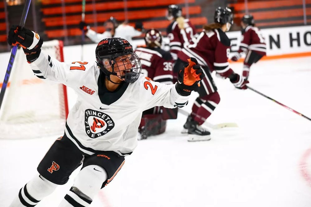 Hockey player celebrating.