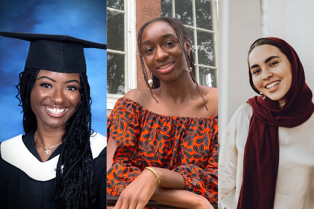 A panel of three headshots of young women. From right to left: a young Black woman in a cap and gown smiles, a young Black woman smiles while standing in front of a window, and a young woman wearing a headscarf smiles.