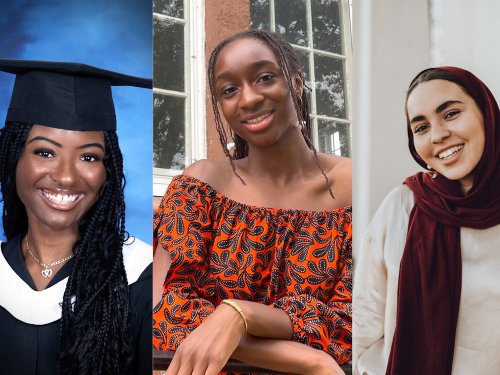 A panel of three headshots of young women. From right to left: a young Black woman in a cap and gown smiles, a young Black woman smiles while standing in front of a window, and a young woman wearing a headscarf smiles.
