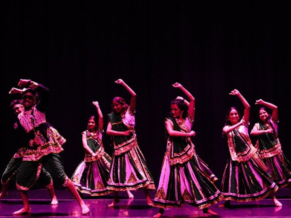 Students dance in a performance by Naacho South Asian Dance Company.