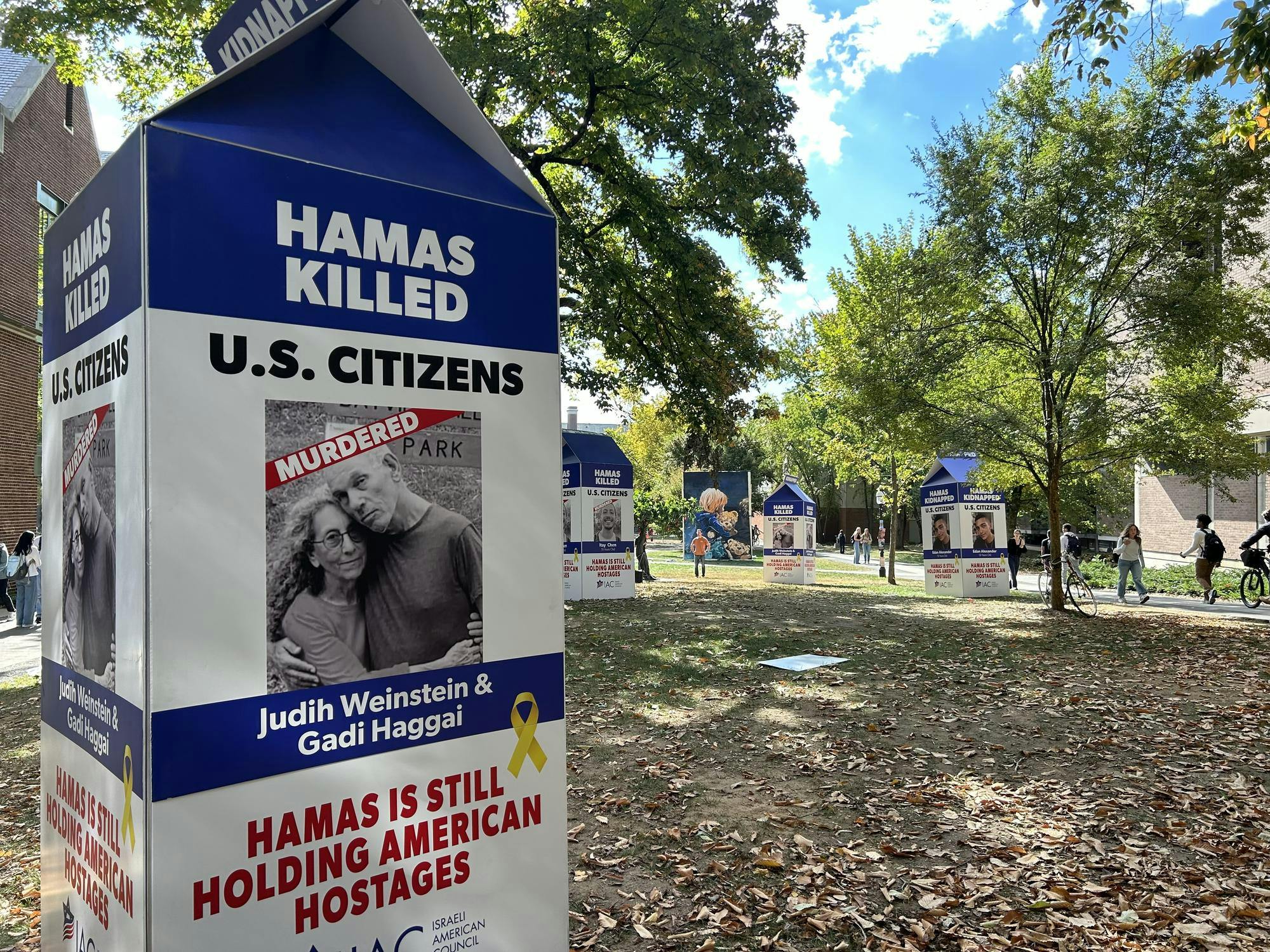 White milk carton with text stating “Hamas Killed” and depicting two people in black and white.