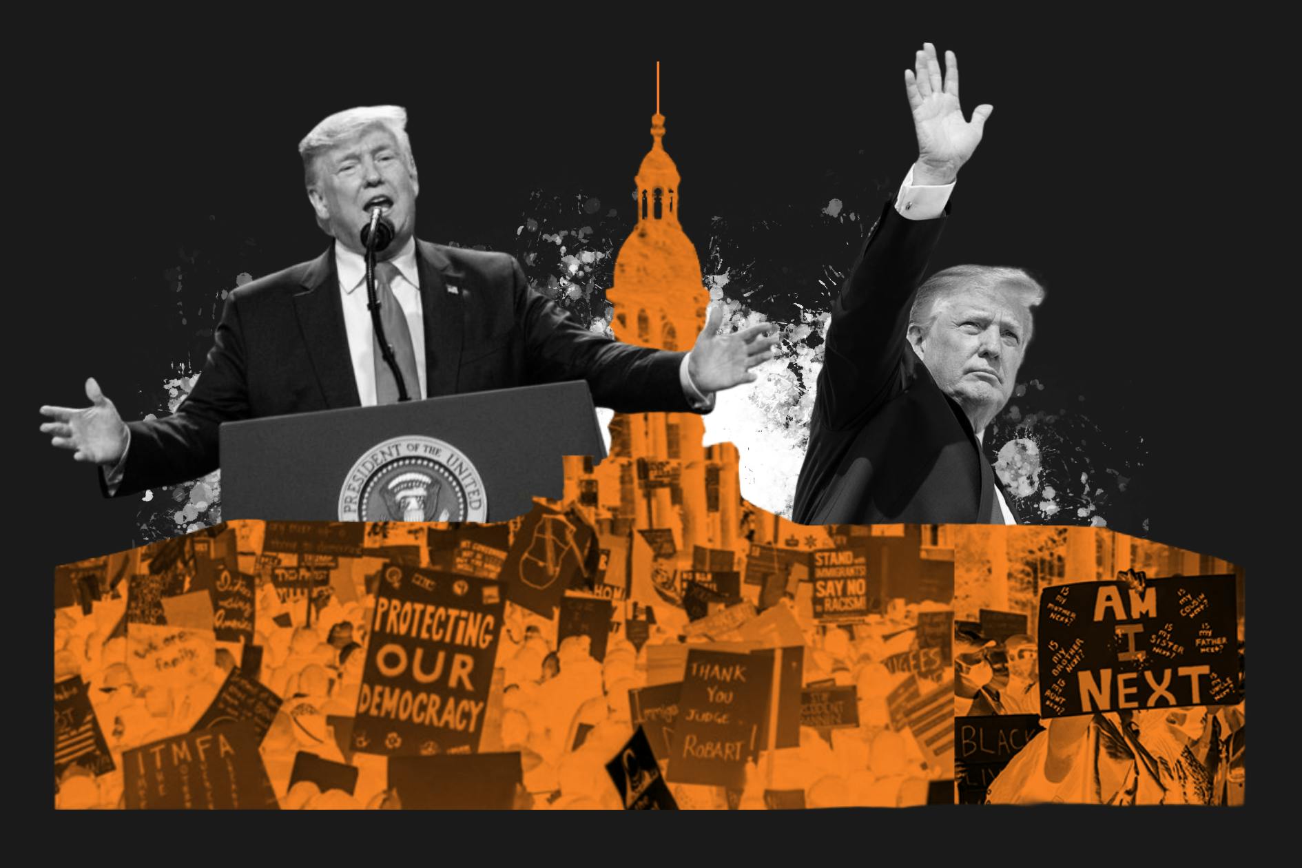 A collage of President Trump and Nassau haul with protestors outside