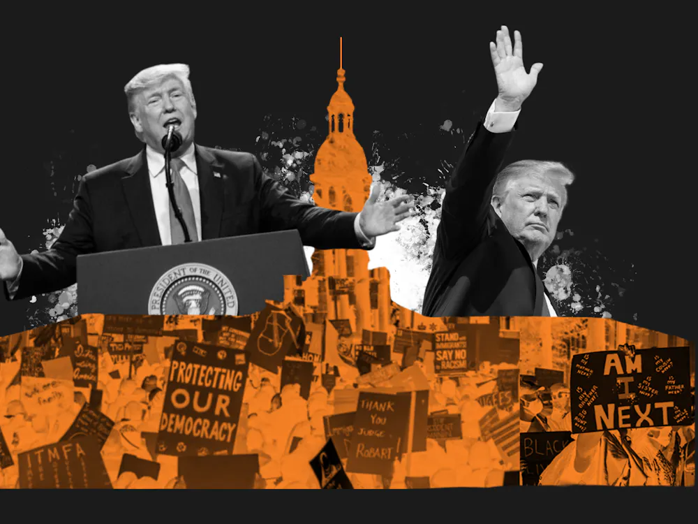 A collage of President Trump and Nassau haul with protestors outside