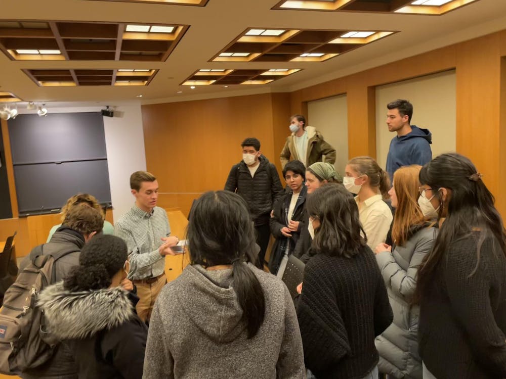 <h5>PCP President Eric Periman '23 addresses students after the USG meeting adjourned.</h5>
<h6>Annie Rupertus / The Daily Princetonian</h6>