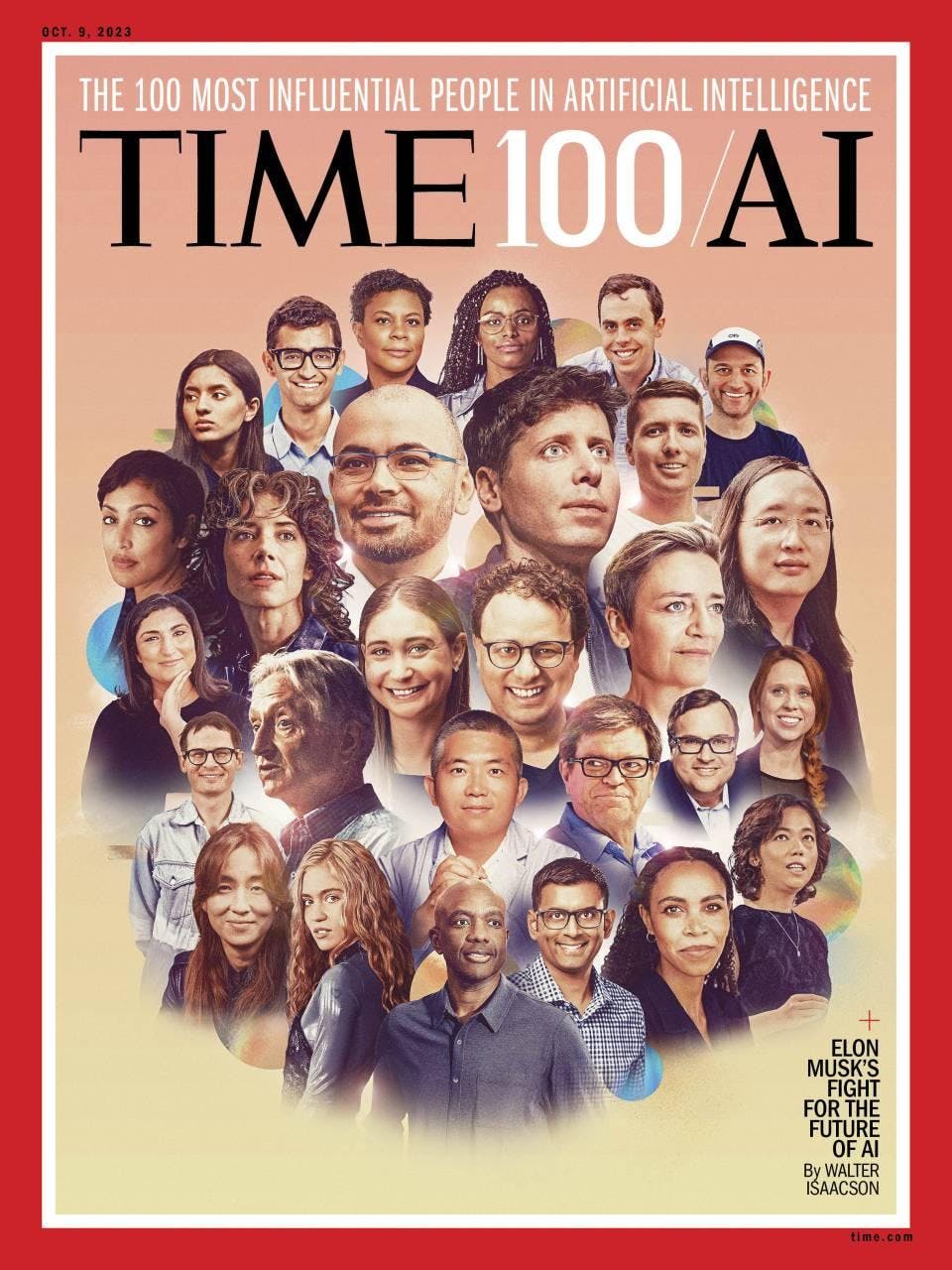 The photo features headshots of all 100 members of TIME100's most influential people in artificial intelligence