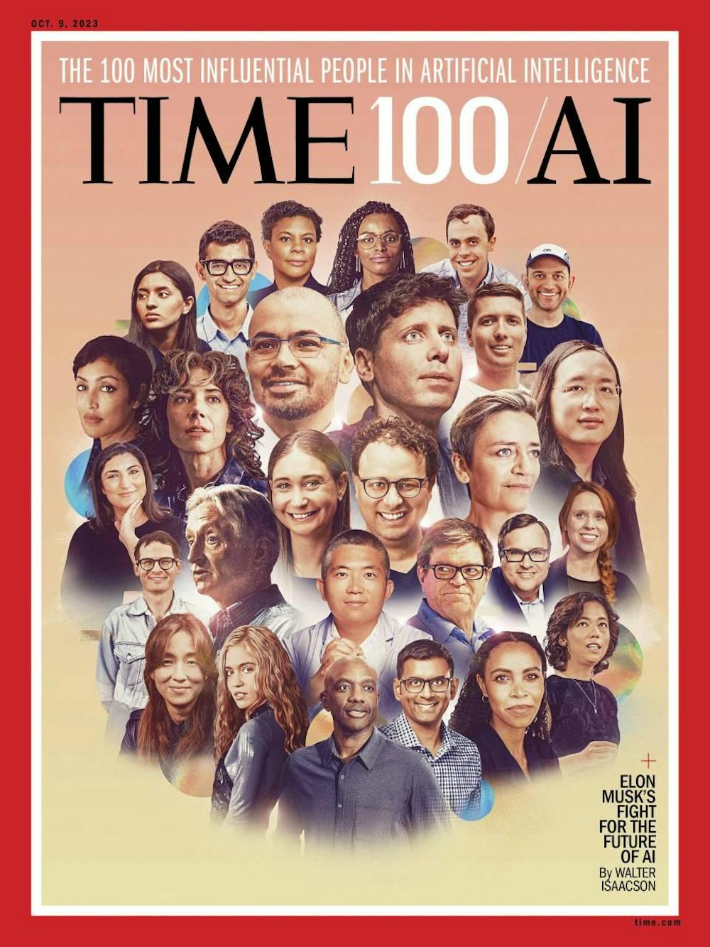 The photo features headshots of all 100 members of TIME100's most influential people in artificial intelligence