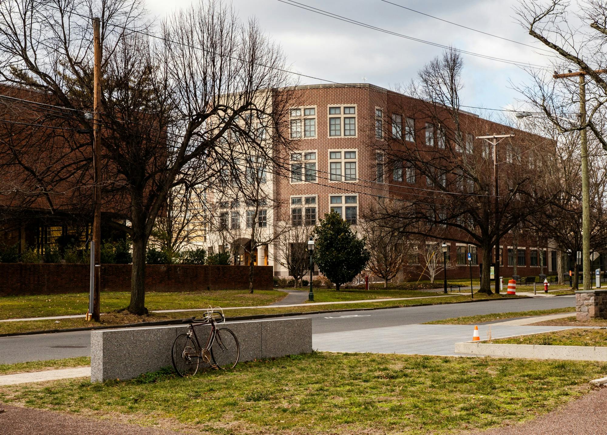 Street with barren trees in front of a red and white brick building.