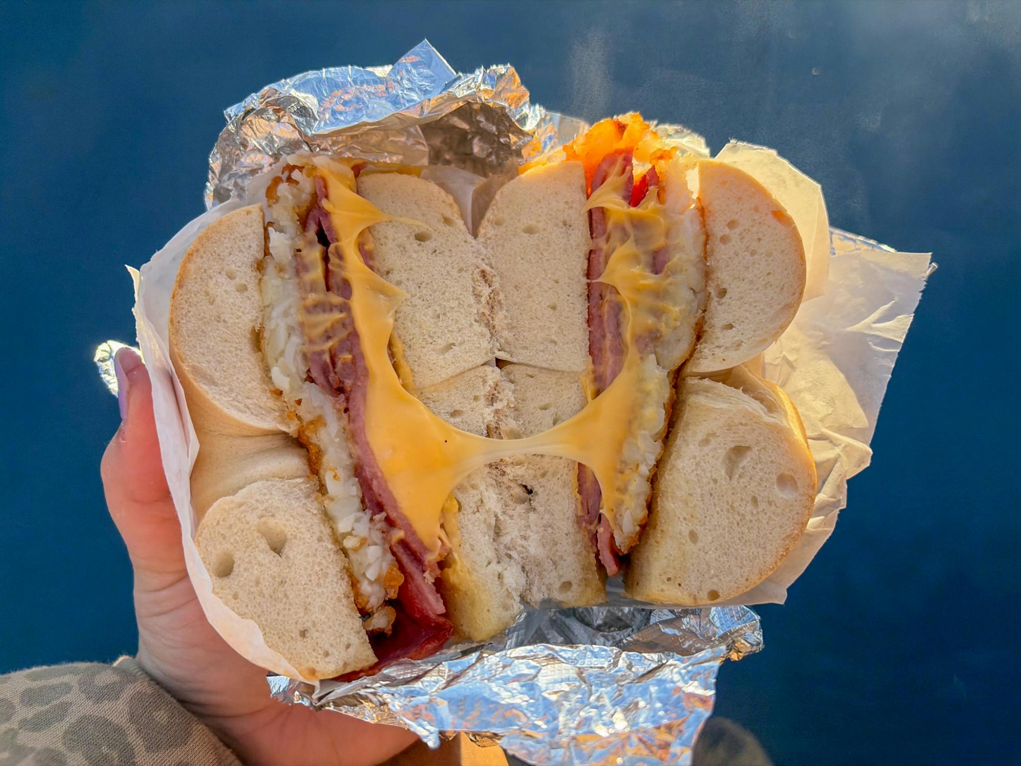 Taylor Ham, cheese and hash brown breakfast sandwich on a bagel _ Photo by Sofia Kasbo.jpg