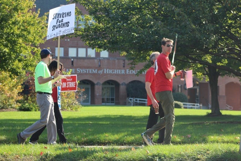 ASPCUF faculty members protest in front of PASSHE Dixon University Center in October following months without a contract.&nbsp;