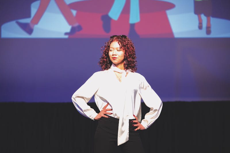 An SU student poses on the runway at the Sailing into Success Fashion Show.&nbsp;