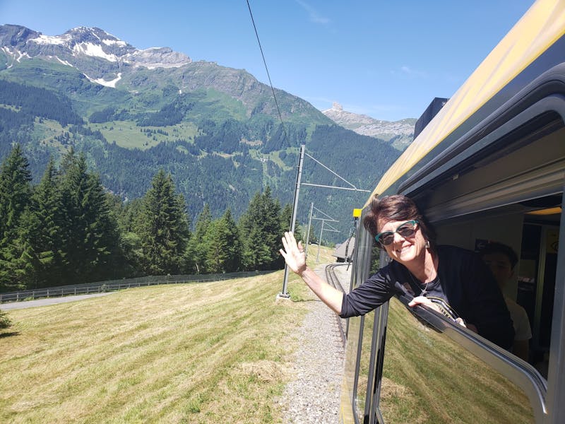 SU Professor Sara Grove on a train to Jungfraujoch, a lookout in the Swiss Alps known as the “top of the world,” in the summer of 2019.