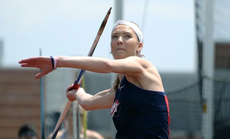 Senior Morgan DeFloria throws a javelin 45.40 meters, successfully achieving a first-place distance in the track-and-field team’s opening meet of the season.