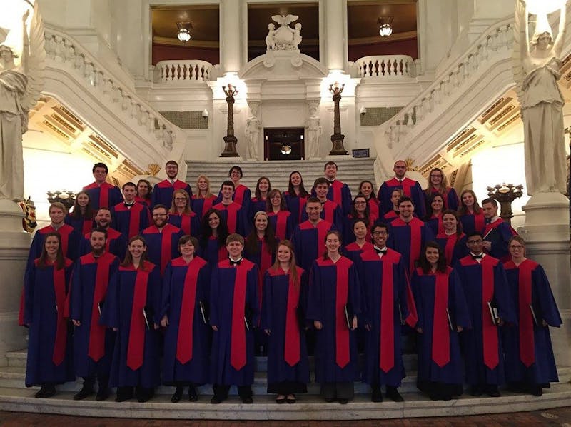 The Shippensburg University Concert Choir inside the Pennsylvania State Capitol Building in Harrisburg. The choir will be accompanying the Shippensburg University Orchestra for this year’s performance on April 17 at Luhrs.