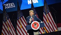 Former President Donald Trump speaks before supporters in Harrisburg, PA, at the NRA Great American Outdoor Show.