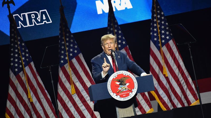 Former President Donald Trump speaks before supporters in Harrisburg, PA, at the NRA Great American Outdoor Show.