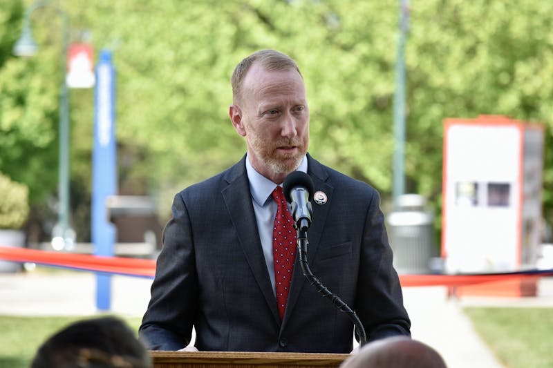 Shippensburg University President Charles E. Patterson speaks before those in attendance for the dedication of the SU Archways in memory of Jeffrey W. Coy.