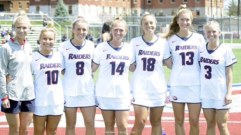 Shippensburg University women’s lacrosse celebrated its 2018 seniors with Senior Day from Robb Sports Complex on Saturday. The senior class with coach Nicole Miller from left to right: Jordan Kengor, Makenzie Magnotta, T.J. Johnson, Allison Fugate, Kathleen Mirgon and Caroline Carbonaro. The Raiders finished the 2018 season with a heartbreaking 11-10 loss to Slippery Rock University. The Raiders finished the 2018 season with a final record of 7-10 and 3-9 PSAC.