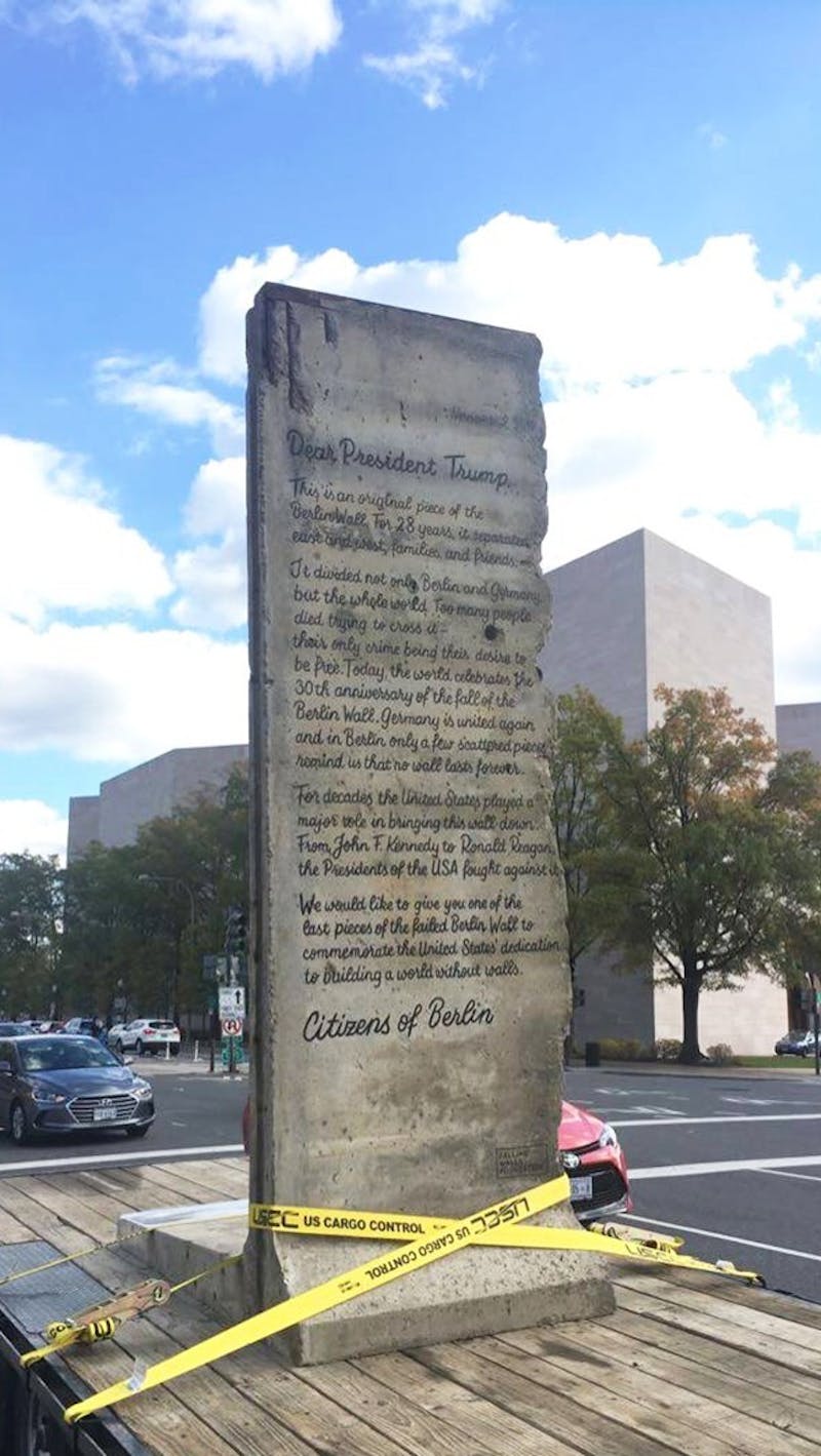 The Open Society Foundation of Berlin presented a piece of the Berlin Wall with a message to President Donald Trump in Washington, D.C., on Nov. 8. Shippensburg University students who live in the Media Learning Community were visiting the Newseum when the piece passed by.