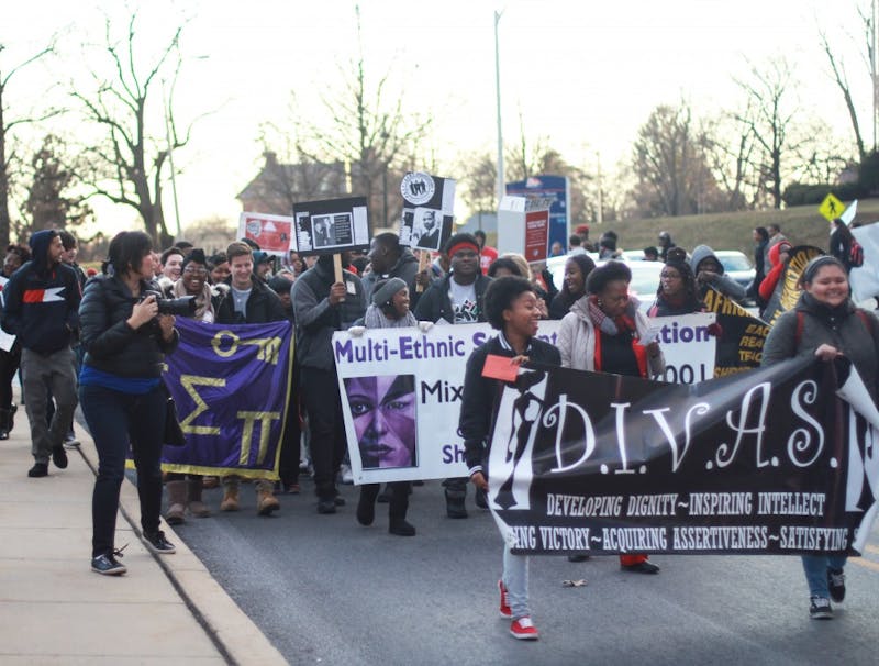 SU students and faculty march during the 30th annual Martin Luther King Jr. March for Humanity. The march is held every year as a way to honor King and stand in unity against the oppression that some believe continues to be a nationwide issue.