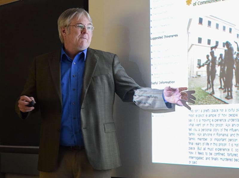 Tim French shows evidence of the communist era in Romania and Bulgaria. During his lecture, French shared that Romania had little evidence of communism while Bulgaria has many pieces of evidence from their communist era.